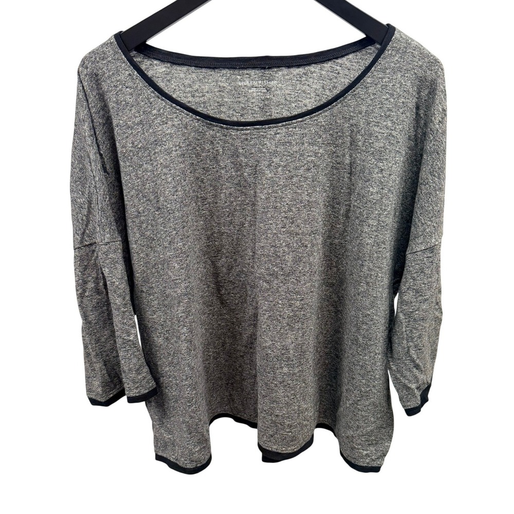Eileen Fisher Organic Cotton Linen Grey Heather Contrast Trim Boxy Top XL
